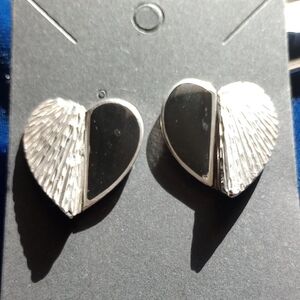 Black and Sterling Silver Heart Stud Earrings